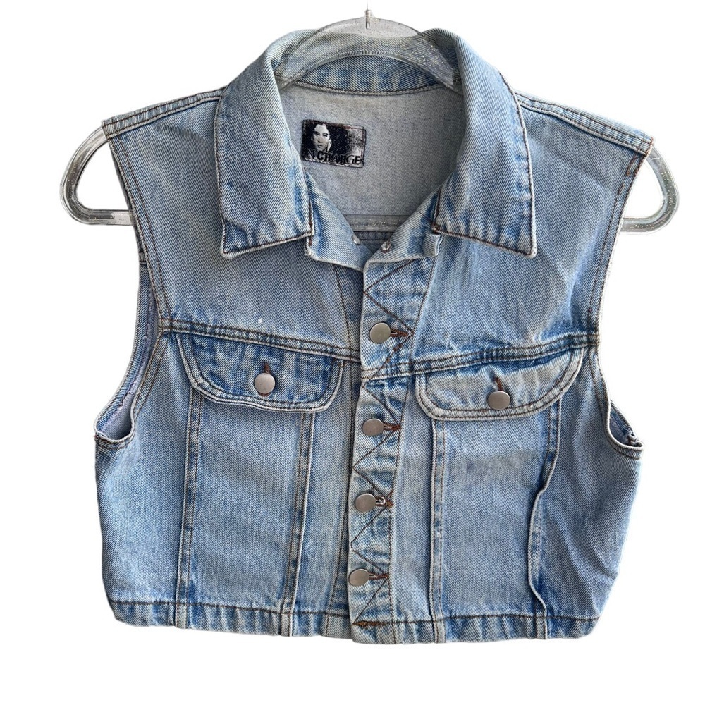 VTG IN CHARGE Grunge Denim Crop Vest 80s/90s Made in USA Medium Light Wash READ